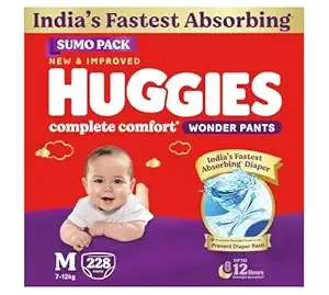 Huggies Complete Comfort Wonder Pants | Pant Style Baby Diapers Medium Size (M), 228 Count | India's Fastest Absorbing Diaper, Prevents Diaper Rash, Ideal for 7 to 12 Kgs (76 Count, Pack of 3)