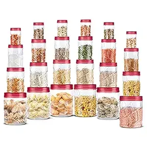 MILTON Vitro PET Canister Set of 24 (6x300ml,6x700ml,6x1400ml,6x2000ml) Airtight, Food Grade, Stackable, For Grains, Pulses, Spices, Cereals, Cookies, Dry Fruits, Fridge Storage Container, Red Wine