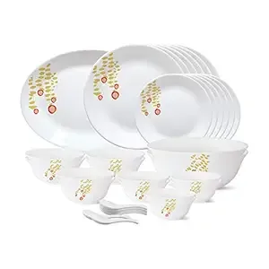 Larah by Borosil - Tiara Series, Pebbles, 33 Pcs, Opalware Dinner Set, White