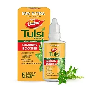 (Min Buy 3) Dabur Tulsi Drops- 50% Extra: Concentrated Extract Of 5 Rare Tulsi For Natural Immunity Boosting & Cough And Cold Relief: (20Ml +10Ml Free)