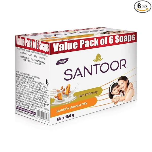 Santoor Skin Softening Sandal & Almond Milk Bathing Soap with Nourishing & Anti-Aging Properties| For Smooth & Soft and Younger-Looking Skin| For All Skin Types| 150g, Pack of 6