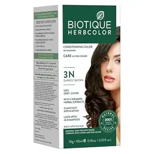 [Apply 3% Coupon] Biotique Herbcolor Conditioning Hair Colour l Ammonia Free Hair Color l 9 Organic Herbal Extracts l Natural and Healthy Shine l 50g + 110ml| Darkest Brown 3N (Pack of 1)