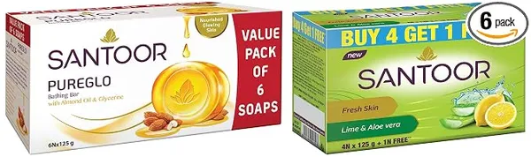 Santoor Pureglo Glycerine Soap With Almond Oil And Glycerine, 125G (Pack Of 6) For Nourished Glowing Skin And Aloe Fresh Soap With Aloe Vera And Lime, 125G