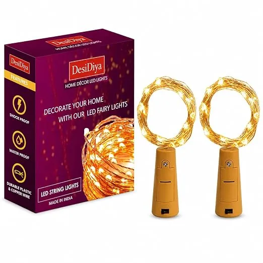 (Min Buy 2) Desidiya® Bottle Lights with Cork, Mini Copper Wire, 24 LED Battery Operated String Decorative 200cm Fairy Light DIY Festive Decor for Diwali Wedding Party Decoration - Pack of 2 (Warm White)