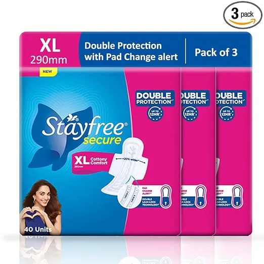Stayfree Secure xl | Combo packs 120 Pads | Cottony Soft Sanitary Pads for Women | with Leak Lock Technology | Odour Control | Absorbs upto 100% Fluid | Up to 12 Hours of Protection |