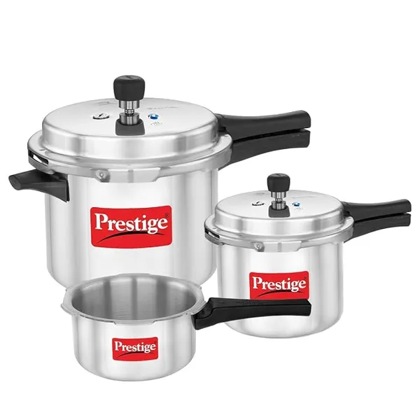 Prestige 2 Litre + 3 Litre + 5 Litre Aluminium Popular Max Outer Lid Pressure Cooker Combo with 2 Lids | Gas & Induction Compatible | Visual Pressure Indicator | Gasket Release Sys | 5Y Warranty | ISI