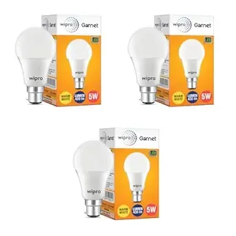 wipro Garnet 5W LED Bulb for Home & Office |Warm White (2700K) | B22 Base|220 degree Light coverage |4Kv Surge Protection |400V High Voltage Protection |Energy Efficient | Pack of 3
