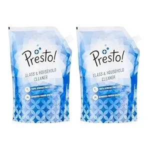 Amazon Brand - Presto! Glass & Household Cleaner | 2 Litre Refill Pouch | 1 L X 2 Packs | Suitable For Glass, Mirrors, Appliances Like Microwaves, Ceramic Tiles, Glazed Tiles, Granite