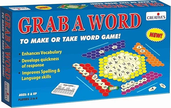 Creative's Grab A Word, Vocabulary Spelling Board Game, Make or Take Word Game, 100 Letter Tiles, Spelling Language Skills Screen-Free, Educational Game 2–4 Players, Build Spelling Vocabulary, Ages 8+