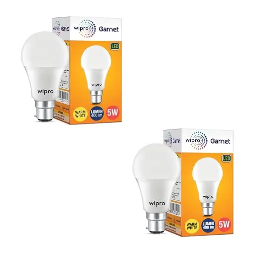 [Apply 3% Coupon] wipro Garnet 5W LED Bulb for Home & Office |Warm White (2700K) | B22 Base|220 degree Light coverage |4Kv Surge Protection |400V High Voltage Protection |Energy Efficient | Pack of 2
