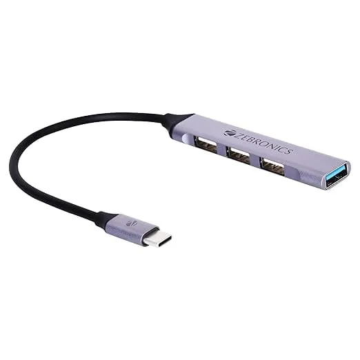[Apply 5% Coupon] ZEBRONICS TA200U Type C to USB 3.0 4 Port hub with Hi Speed Data Transfer, Aluminum + ABS Body, 15cm Cable, Sleek Design and Plug Play Usage