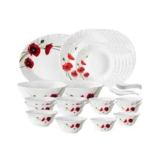 Larah by Borosil Red Carnation Opalware Dinner Set, 33-Pieces, White