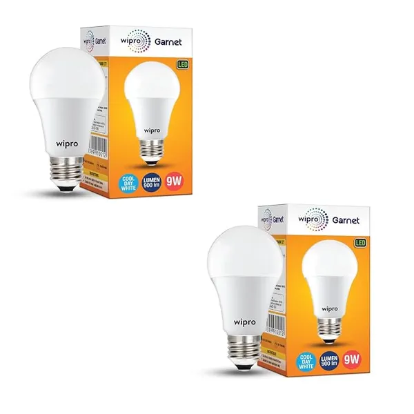 wipro Garnet 9W LED Bulb for Home & Office |Cool Day White (6500K) | E27 Base|220 degree Light coverage |4Kv Surge Protection |400V High Voltage Protection |Energy Efficient | Pack of 2 Rs.114 @ Amazon