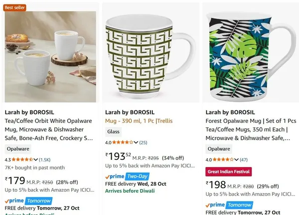 Larah by Borosil Cup Sets upto 92% off starting From Rs.179 @ amazon