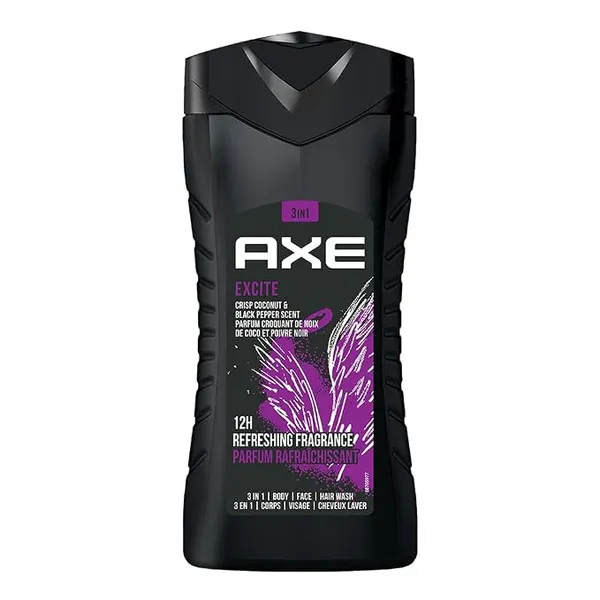 (Min Buy 2) Axe Excite 3 In 1 Body, Face & Hair Wash for Men, Long-Lasting Refreshing Crisp Coconut & Black Pepper Fragrance for Up To 12hrs, Natural Origin Ingredients, Removes Odor & Bacteria, No Parabens, Dermatologically Tested, 250ml