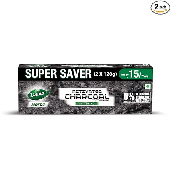 (Min Buy 2) DABUR Herb'L Activated Charcoal Toothpaste 240G (120G x2, Pack of 2)|Whitening Black Gel Toothpaste|Fluoride Free|Fights Plaque & Extrinsic Stains|With Power of Mint|Cool & Refreshing Mouth Experience