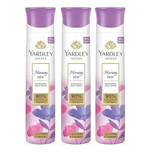 Yardley London Morning Dew Refreshing Body Spray Mega Pack| Lily of Valley & Frangipani Fragrance| Deodorant for Daily Use| for Women| 90% Naturally Derived| 150ml, Pack of 3