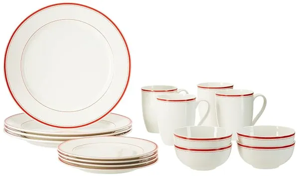 Amazon Brand - Solimo Ceramic 16 Piece Solid Dinner Set | 4 Dinner Plates, 4 Quarter Plates, 4 Mugs & 4 Small Bowls | Red Strip Design