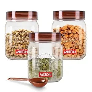 MILTON Vintage Airtight Containers with Spoons for Kitchen Storage, Food Grade Plastic, Stackable & Transparent Organizer Jars, Masala Dabba, Set of 3 (500 ml each) for Tea, Coffee, Sugar, Dry Fruits