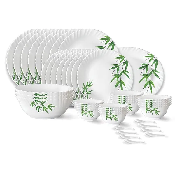 Larah by Borosil Bamboo Leaves Fluted Series Opalware Dinner Set | 44 Pieces for Family of 8 | Microwave & Dishwasher Safe | Bone-Ash Free | Crockery Set for Dining & Gifting | Plates & Bowls | White Rs.1626 @ Amazon