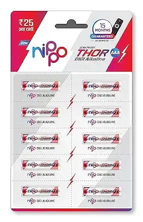 Nippo Thor Leakproof Alkaline AAA Batteries 1.5V | Longer Lasting Batteries | Guaranteed 15 Months in Remote | Eco Friendly | Suited for All Types of Modern Devices|Pack of 10