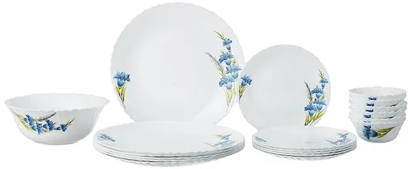 Larah by Borosil Nina Fluted Series Opalware Dinner Set Of 6 Full Plate, 6 Quarter Plates, 6 Veg Bowls and 1 Serving Bowl | Bone-Ash Free Crockery Set for Dining Table (White, 19 Pieces)