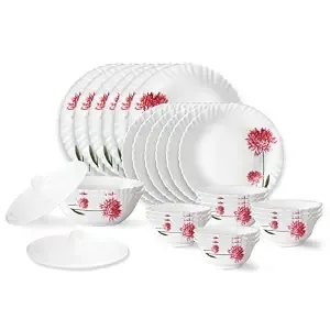 Larah by Borosil Belle Fluted Series Opalware Dinner Set | 28 Pieces for Family of 6 | Microwave & Dishwasher Safe | Bone-Ash Free | Crockery Set for Dining & Gifting | Plates & Bowls | White