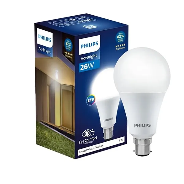 Philips 26-watt LED Bulb |AceBright High Wattage LED Bulb|Base: B22 Light Bulb for Home | Crystal White, Pack of 1