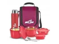 MILTON Pro Lunch Box with Steel Cutlery, 3 Microwave Safe Inner Steel Containers (180 ml, 320 ml, 450 ml), Plastic Chutney Dabba,100 ml, Bottle, 750 ml with Insulated Bag, Office Tiffin, Maroon