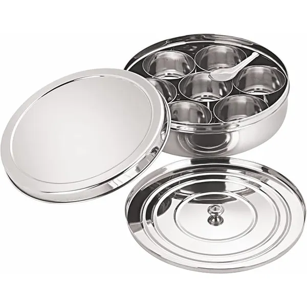 neelam Stainless Steel Spice Box, Masala Dabba with airtight Steel Lid, 7 Containers with 1 Spoon & 1 Steel Plate, Organize Spices, Durable & Elegant Kitchen Storage for Home Cooking, Silver, 825 ml