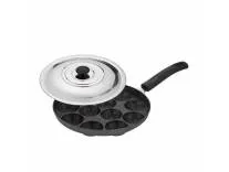 Attro Aluminium Non-Stick 12 Cavity Grill Appam Patra Paniyarakkal One Side Handle with Steel Lid & Wooden Picker, Spatter Finish, (Marble Grey), Standard (Atr-Apm-12-Onehndl-Grl)