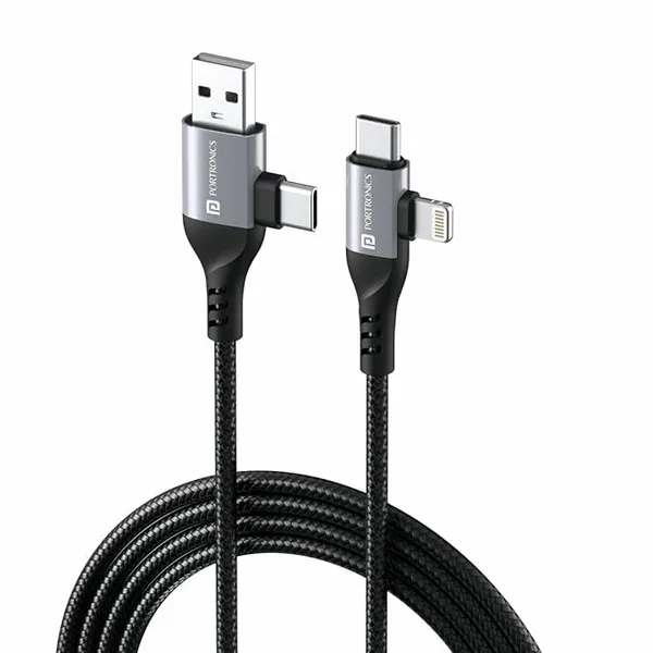 [Apply 5% Coupon] Portronics Konnect 4 IN 1 Unbreakable Nylon Braided Multi Functional Fast Charging Cable with Fast Data Transfer,Compatible with All Type C Android Smartphone & Lighting Device etc.(Black)