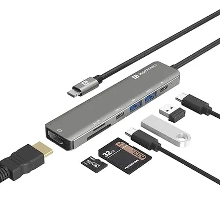 Portronics Mport 52 USB C Hub Dock (7-in-1), Multiport Adapter with 4K HDMI, 60 W PD Charging, USB 3.0/2.0 & USB Type-C Data Ports at up to 10 Gbps, microSD & SD Card Reader for Laptops(Grey) Rs.664 @ Amazon