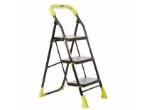 Amazon Basics Dynamo - Foldable Step Ladder, Safety Clutch Lock, Anti Slip Steps, Knee Guard, Anti Skid PVC Shoes, 3 Steps (Steel, Black & Lime Green)