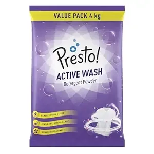 [Apply 3% Coupon] Amazon Brand - Presto! Active Wash Detergent Powder | 4 Kg | Tough On Stains | Gentle On Fabrics | Colour-Safe | Refreshing Fragrance | Machine And Hand Wash