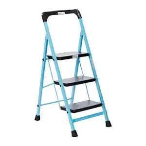 Amazon Basics - Foldable Step Ladder with Tool Tray, Safety-Clutch Lock, Ribbed Steps, Anti-Skid Rubber Shoes, 3 Steps (Iron Ladder, Black & Blue)