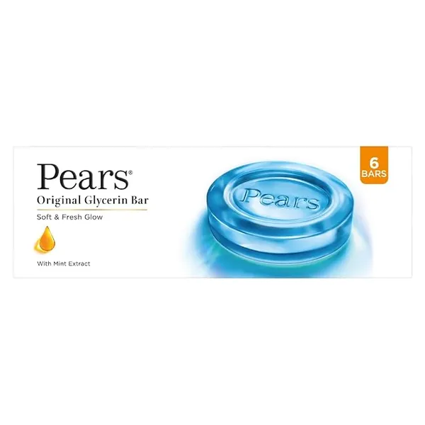 Pears Original Glycerin Soap Bar - Soft & Fresh Glow | With 98% Pure Glycerin & Mint Extract | For a Fresh Glow | With Plant Based Cleanser for Skin & Body | Paraben-free | 125 gms x 6
