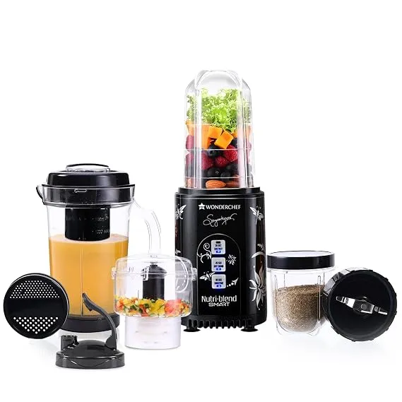 [ICICI CC] Wonderchef Nutri Blend Smart CKM Automatic Mixer Grinder with Dual Pulse Function|22000 RPM|100% Full Copper Motor|4 Unbreakable Jars|500 W|2 Years Warranty|Recipe book by Chef Sanjeev Kapoor| Black