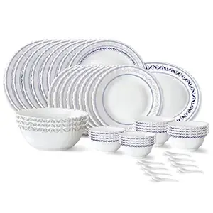 Larah by Borosil Jazzblue Fluted Series Opalware Dinner Set | 44 Pieces for Family of 8 | Microwave & Dishwasher Safe | Bone-Ash Free | Crockery Set for Dining & Gifting | Plates & Bowls | White