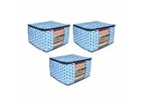 PrettyKrafts 3 layered non-woven Quilted saree Cover Bag/wardrobe organizer with transparent window (Pack of 3), Trio Blue
