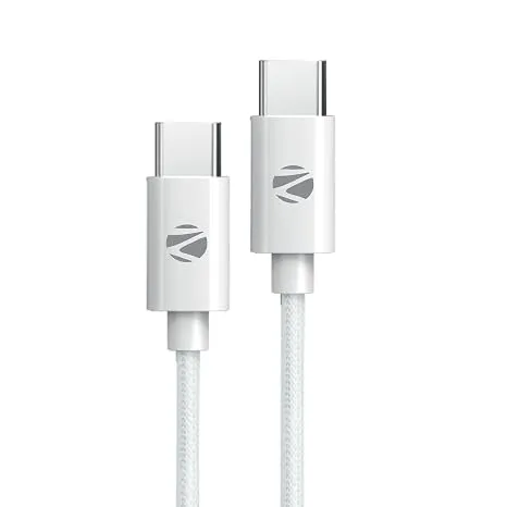 ZEBRONICS Type C to Type C Strong Braided Cable, 60W PD Fast Charging, for iPhone 16 Series, 15 Series, iPad, MacBook, Samsung, Other Android Devices, Data Sync, 1 Meter (ZEB-TT60+) White