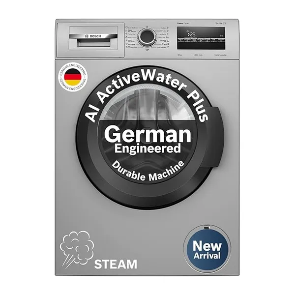 [Coupon + ICICI / AXIS CC EMI ] Bosch 8 kg 5 Star Front Load Fully-Automatic Washing Machine, Steam Hygiene, AI ActiveWater, 15 Wash Programs, No Tangle or Wrinkle, SoftCare Paddle, Shiny Silver, WAJ2826BIN