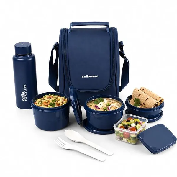 CELLO MF All in One Lunch Box with Bag for Office Use, Blue | 225ml, 375ml, 550ml Microwave Safe Containers, 175ml Salad Box, 500ml Bottle with Fork & Spoon, Airtight Leak Proof Tiffin Box for Travel