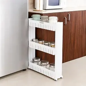 Amazon Basics Slim Rolling Storage Rack – 3-Tiered Shelf Plastic Slide-Out Organizer | Space-Saving, Multipurpose | for Kitchen, Bathroom, Laundry, Pantry & Utility Storage | Floor Standing | White
