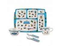 CELLO Kidzbee Melamine Pentameal Meal Set for Kids 5 Pieces Blue | Attractive Super Hero Design, Non-Toxic Dishwasher Safe Compartments Plate Bowl Mug Spoon and Fork Set for Toddler Kids Boys Girls