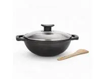Lifelong Cast Iron Kadhai 24cm with Glass Lid & Wooden Spatula | 3.3L, 2.4kg | Pre-Seasoned, Even Heat Distribution, Toxin & Teflon Free, Non-Stick, & Durable | Gas & Induction Stovetop Compatible