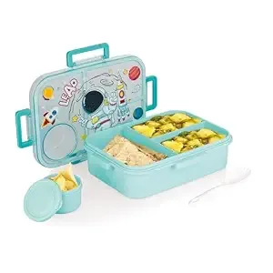 ATTRO Arista Kids Plastic Lunch Box Astronaut Space Themed with 3 Compartment 1 Small Container Air-Tight Leakproof BPA Free 1200ml+80ml- Light Blue