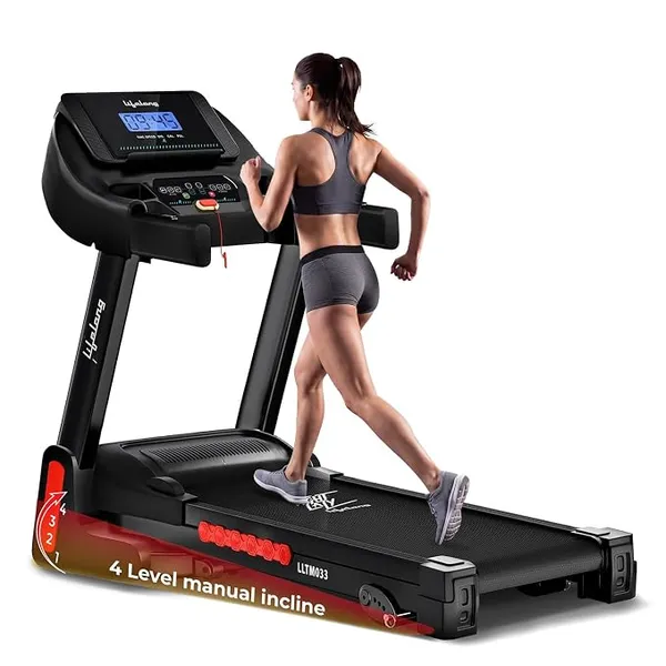 [HDFC CC] Lifelong FitPro Motorized Treadmill for Home (4HP Peak) | 4-Level Manual Incline | Rubberies Shock Absorption | Foldable Hydraulic | 12 Preset Workouts | 14km/hr | 100Kg | Bluetooth (LLTM033)