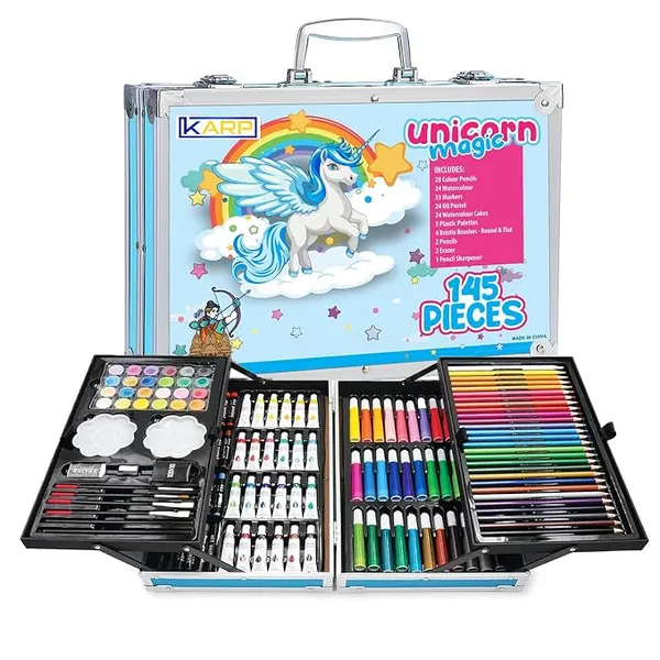 KARP Children Deluxe Art Drawing Set for Kids| Drawing & Coloring Set with Crayons, Oil Pastels, Colour Pencils, Watercolors, Sketch Pens, Brushes & Carry Case (145 Pcs Unicorn Print Art Set - Blue)