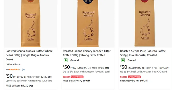 Rocklands Coffee Co upto 94% off starting From Rs.50 @ amazon